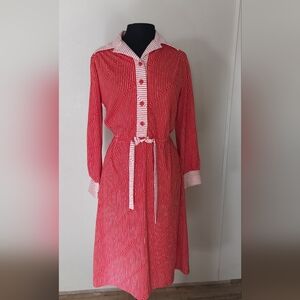 Red Striped Midi Shirt Dress with Contrast Trim